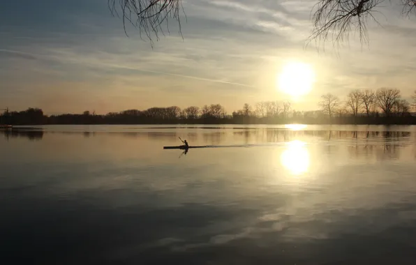 Picture the sun, landscape, sunset, nature, lake, kayak