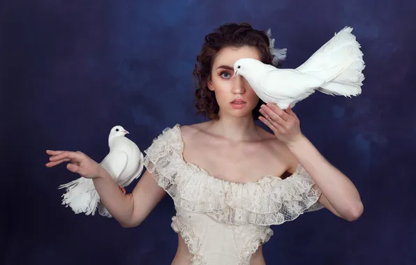 Look, girl, birds, pigeons, white, white dress, blue background, Albina Khusainova