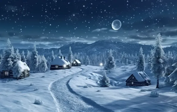 Winter, snow, night, lights, tree, New Year, village, Christmas