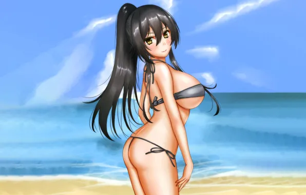 Girl, sexy, ass, beach, long hair, sea, boobs, anime