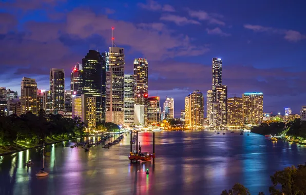 Night, lights, river, home, skyscrapers, boats, Australia, Brisbane