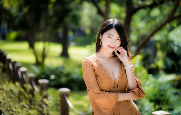 Girl, smile, dress, neckline, Asian, bokeh