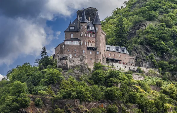 Trees, mountains, castle, rocks, Germany, Burg Katz Castle, Katz