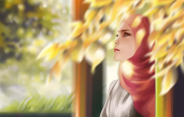 Picture animation, girl, digital, landscape, background, painting, illustration, muslim
