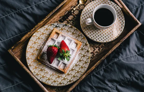 Berries, the dark background, coffee, Breakfast, blanket, strawberry, spoon, Cup