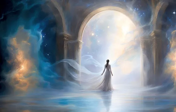 Girl, clouds, light, fog, heaven, Paradise, dress, couples