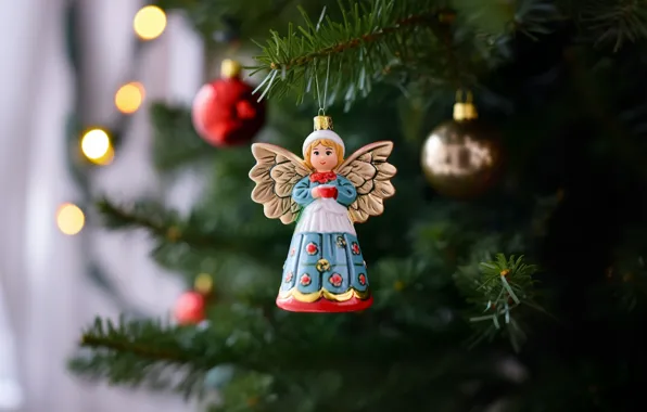 Balls, branches, lights, holiday, angel, Christmas, New year, needles