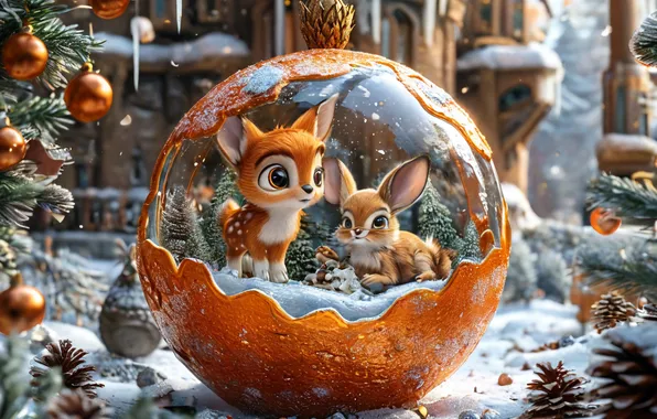 Snow, New year, Tree, Beauty, Deer, Fawn, Christmas tree toy