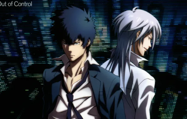 Tie, two guys, back to back, white shirt, suit black, Psycho-pass, Shinya Kougami, Shougo Makishima