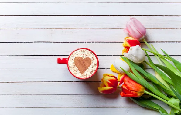 Flowers, heart, colorful, tulips, heart, wood, cup, romantic