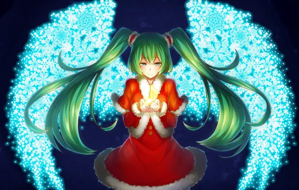 Winter, girl, snowflakes, wings, anime, art, vocaloid, hatsune miku
