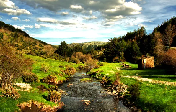 Picture the sky, grass, clouds, trees, stream, hills, Spain, the bushes