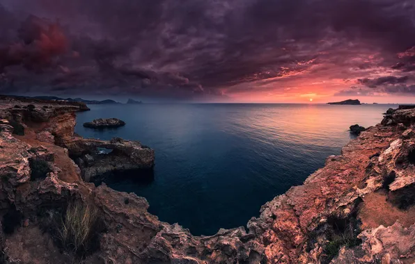 Picture sea, the sky, landscape, clouds, nature, rocks, dawn, Ibiza