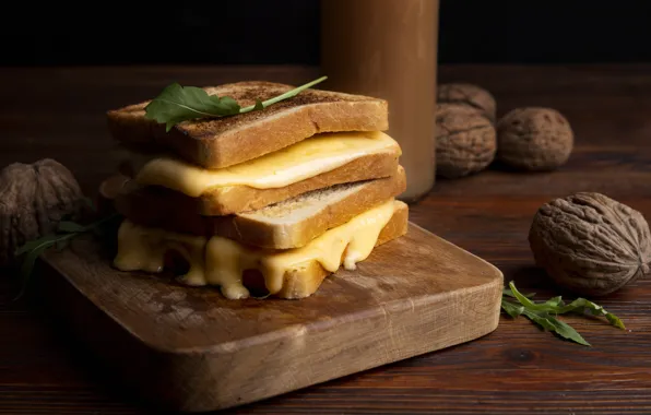 Leaves, Board, cheese, bread, nuts, sandwich, toast, walnut