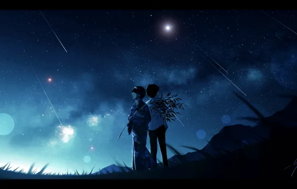 The sky, girl, night, nature, guy, yukata