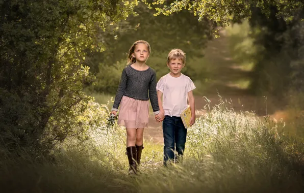 Picture grass, children, trail, boy, girl, Edie Layland