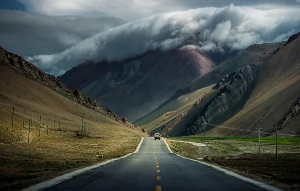 Road, machine, clouds, mountains, clouds, Tibet