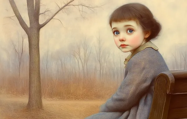 Bench, Park, shop, girl, imitation painting, AI art, neural network