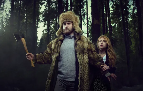 Forest, girl, man, protection, axe