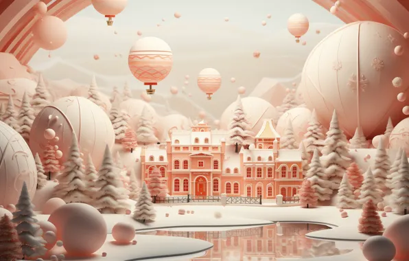 Winter, frost, forest, the sky, balls, snow, flight, mountains