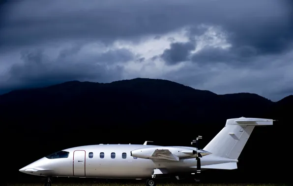 Picture grass, clouds, mountains, clouds, Airport, the plane, Piaggio, Avanti