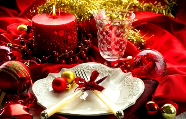 Balls, table, holiday, candle, New Year, glasses, plate, fork