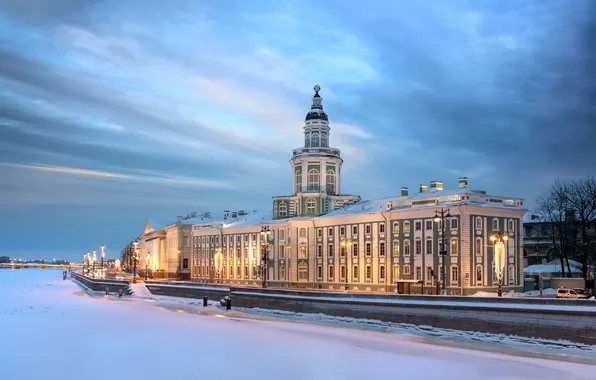 Picture winter, snow, the building, Saint Petersburg, Russia, The Neva River, Cabinet of curiosities, frozen river