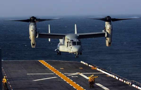 Picture the ocean, deck, the rise, the tiltrotor, U.S. Marine MV-22 Osprey