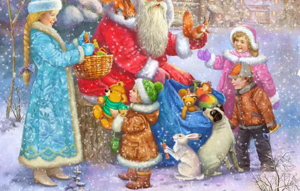 Picture children, dog, gifts, Maiden, Santa Claus, proteins, leverets, Vitaly Dudarenko
