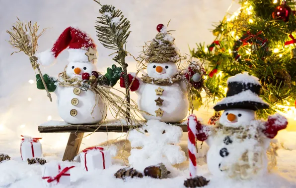 Winter, snow, snowflakes, New Year, Christmas, snowman, happy, Christmas