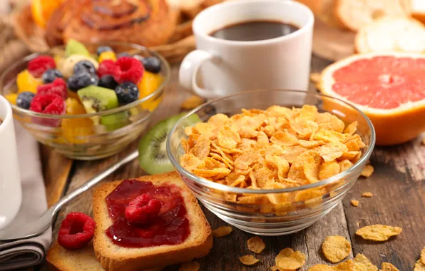 Picture berries, coffee, Breakfast, fruit, jam, cereal, toast