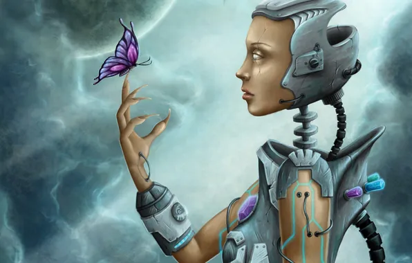 Picture girl, metal, butterfly, wire, robot, art, claws, crystals