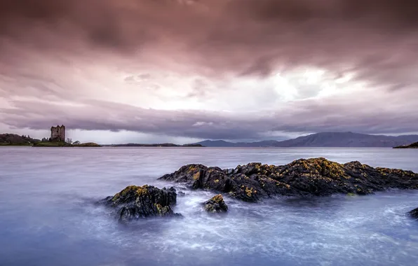 Landscape, night, lake, castle