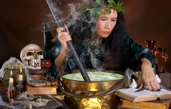 Picture smoke, skull, candles, bucket, witch, Chan, wreath, books