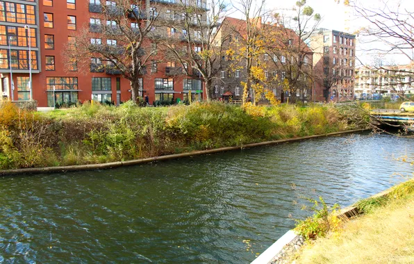 City, river, building