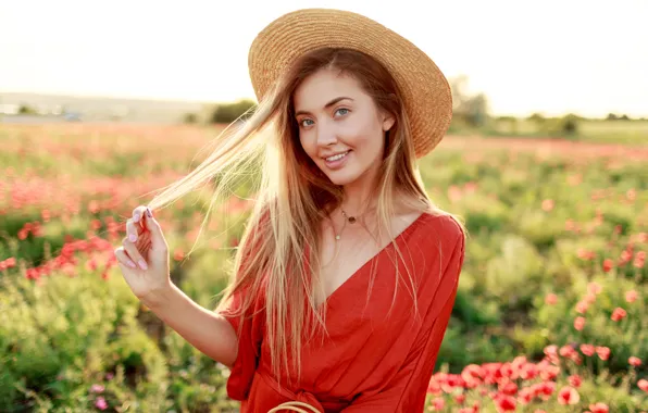 The sky, girl, flowers, pose, smile, Maki, hand, hat