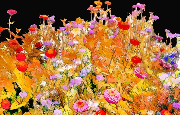 Line, flowers, rendering, background, paint, petals, garden, flowerbed