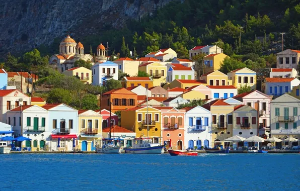 Picture sea, landscape, rock, island, home, boats, Greece, Kastelorizo