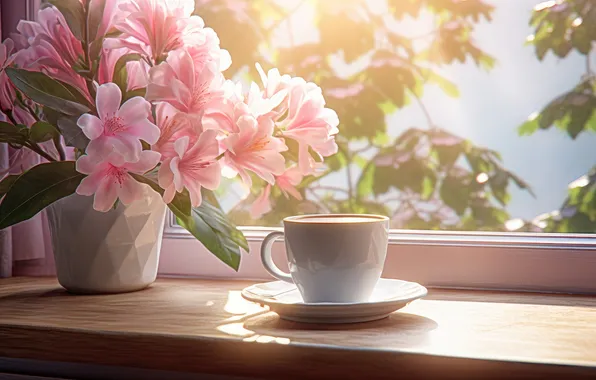 Light, flowers, bouquet, spring, window, mug, Cup, sill