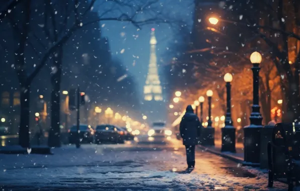 Winter, road, girl, light, snow, machine, night, the city