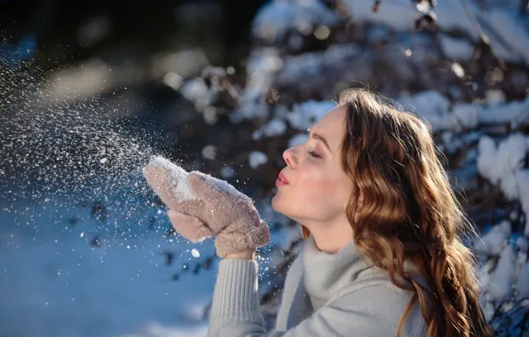 Winter, girl, snow, profile, brown hair, curls, mittens, Natalia Danilchenko