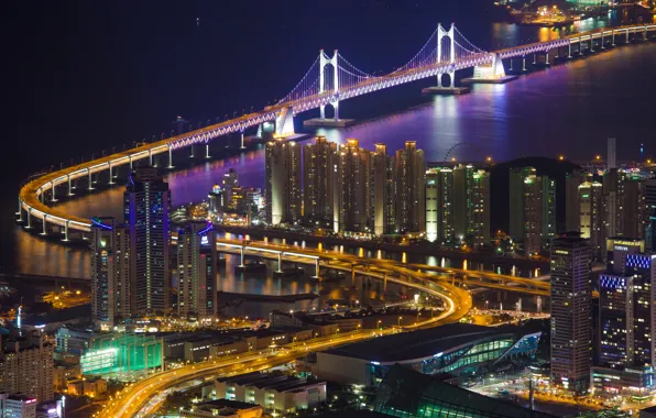 Night, bridge, the city, lights, Strait, view, building, home