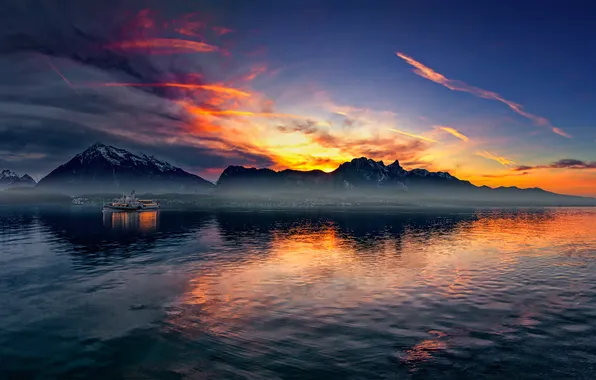 The sky, clouds, sunset, mountains, fog, reflection, blue, rocks