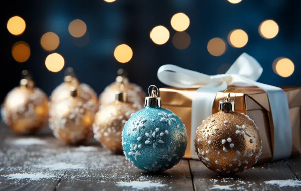 Picture winter, snow, decoration, snowflakes, balls, New Year, Christmas, gifts