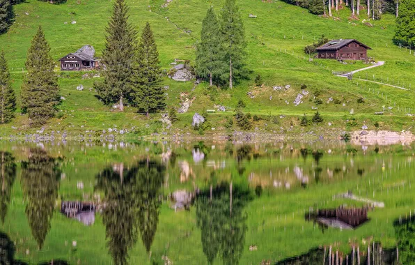 Grass, reflection, trees, mountains, lake, house, Germany, slope