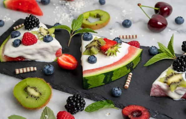 Cherry, berries, raspberry, table, watermelon, kiwi, cookies, blueberries
