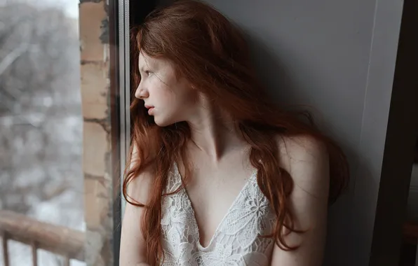 Picture girl, window, freckles, red, Aleks Five