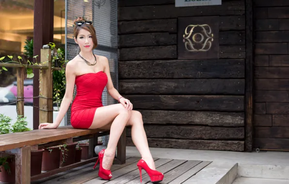 Picture summer, girl, face, hair, dress, heels, legs, Asian