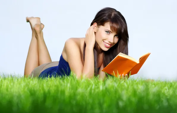 Picture grass, nature, Girl, book, smiling