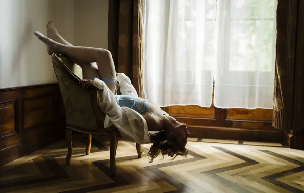 Girl, pose, feet, model, chair, figure, window, curtains